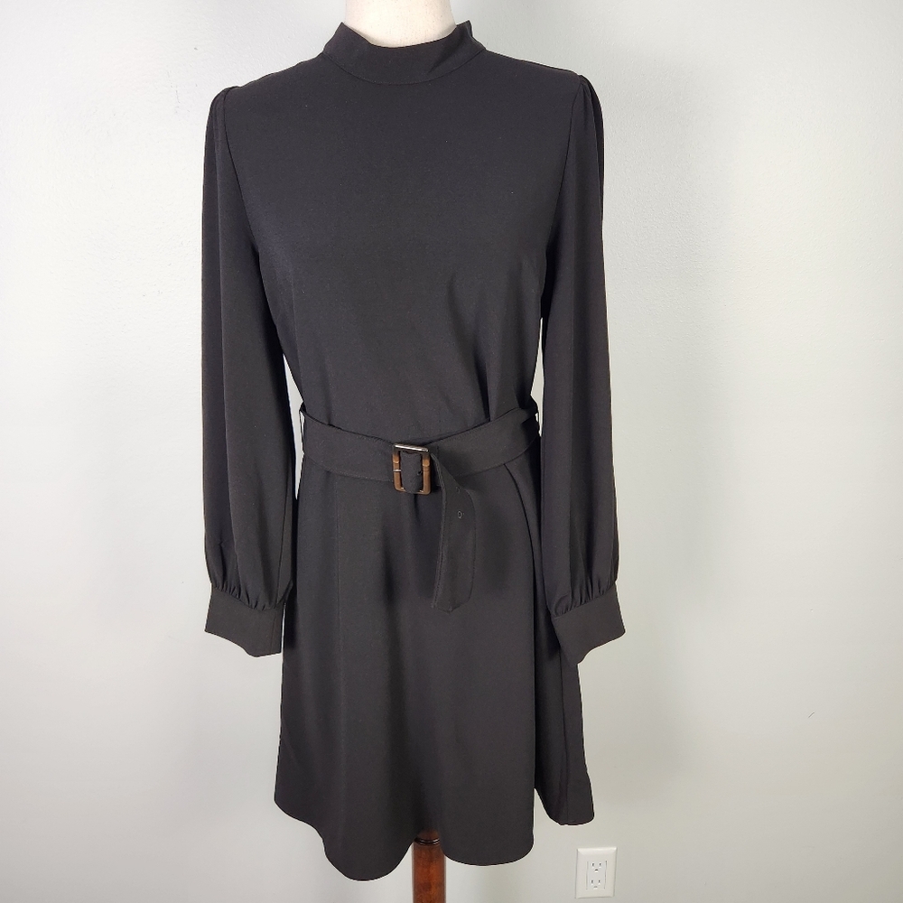 NWT Banana Republic Black Mock Neck Belted Fit & Flare Mini Dress Size 10 #0602 - Picture 2 of 14